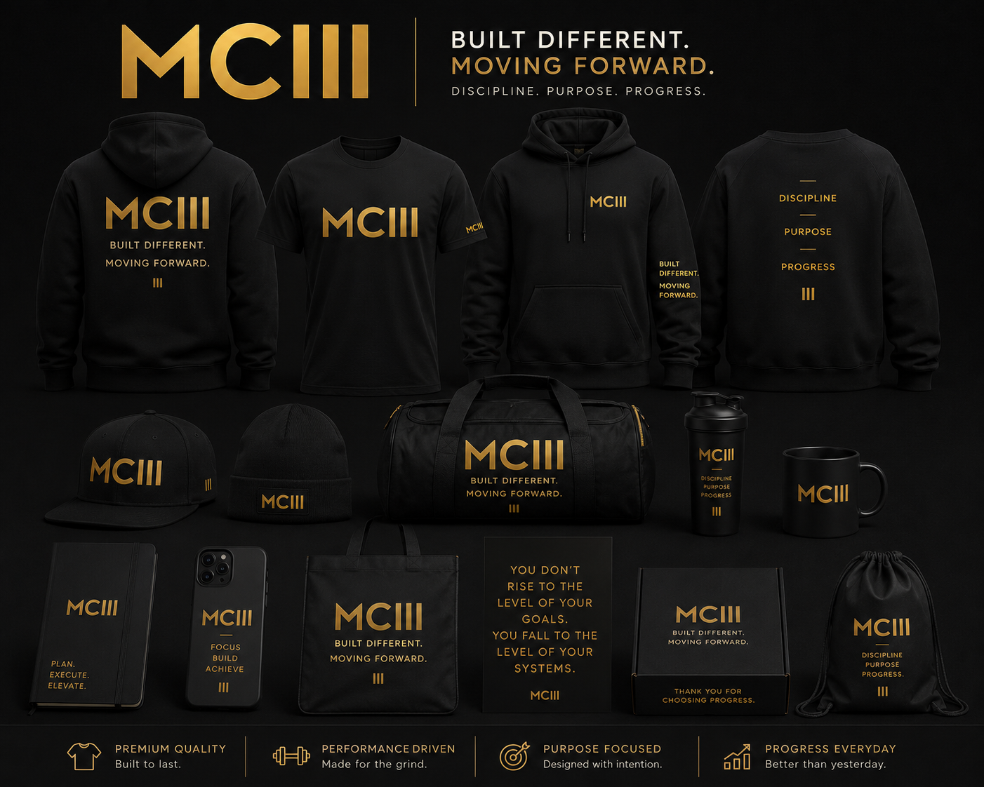 MCIII merch collection — hoodies, tees, hats, duffel, mug, and accessories in black and gold